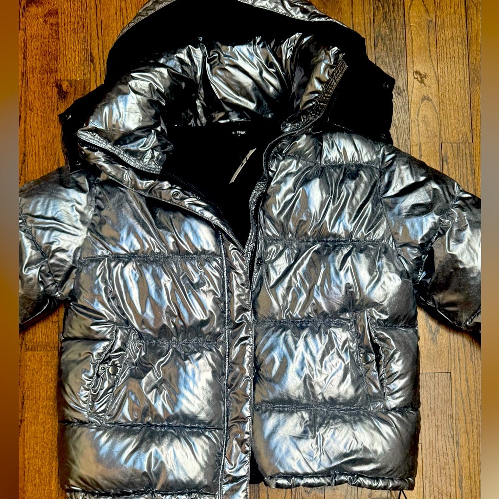 BIKBOK metallic silver puffer coat size M NWT Removable hoodie